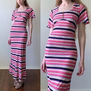 vintage 70s chevron stripe flutter sleeve maxi dress xxs
